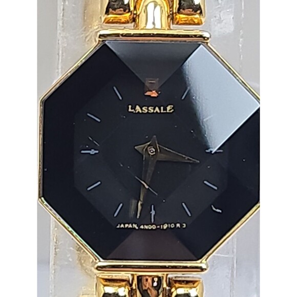 Vintage Lassale Seiko Womens Gold Tone Faceted Octagon Black Watch New Battery main image 5
